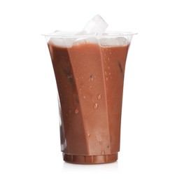 Photo of Tasty chocolate milk in plastic cup isolated on white