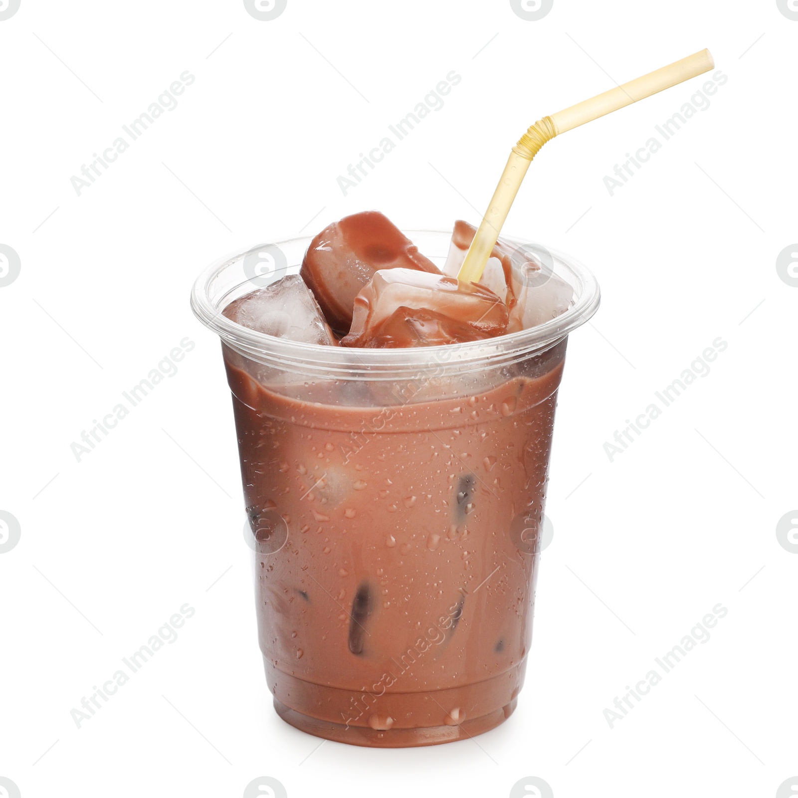 Tasty chocolate milk in plastic cup isolated on white Photo of Tasty chocolate milk in plastic cup isolated on white