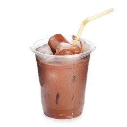 Photo of Tasty chocolate milk in plastic cup isolated on white