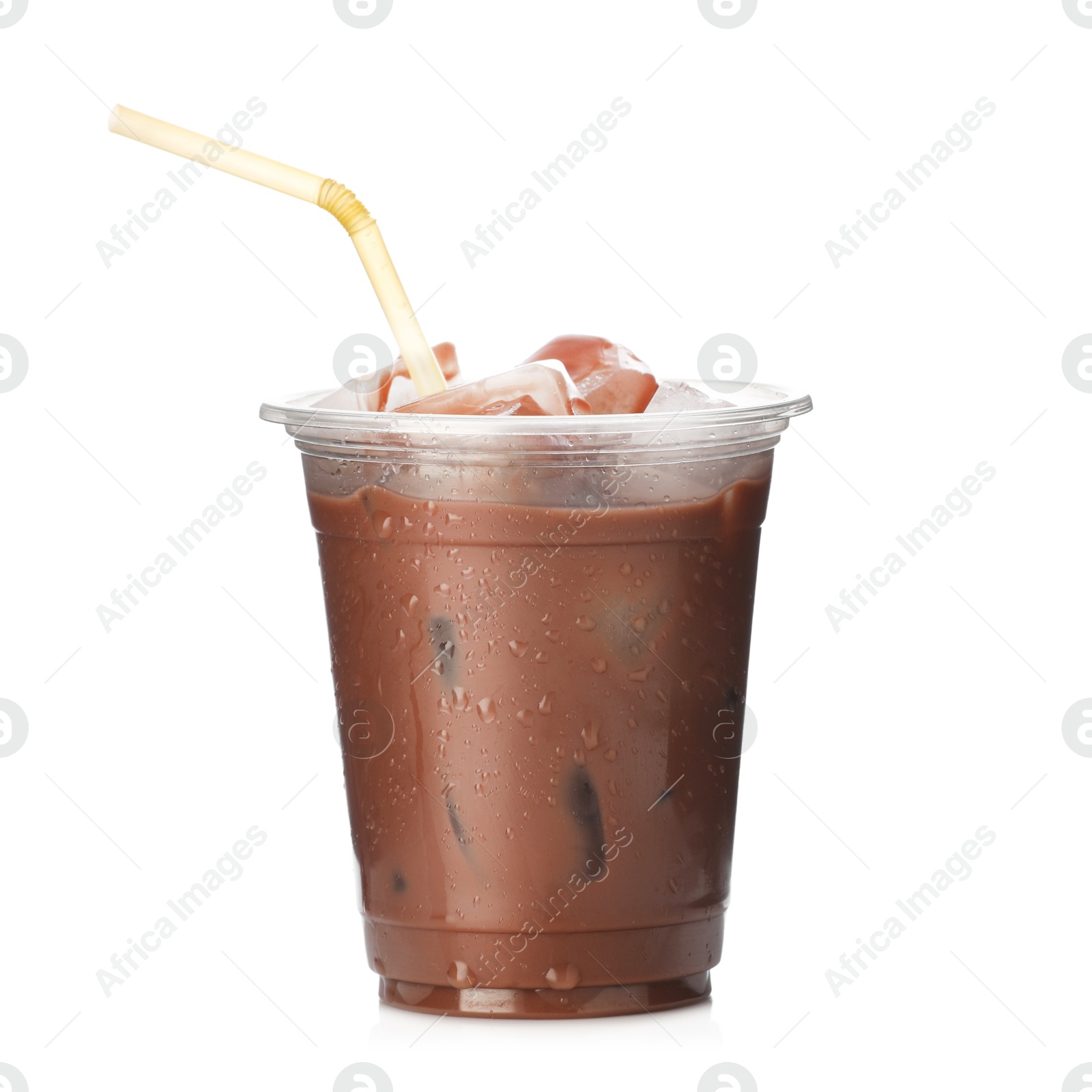 Tasty chocolate milk in plastic cup isolated on white Photo of Tasty chocolate milk in plastic cup isolated on white