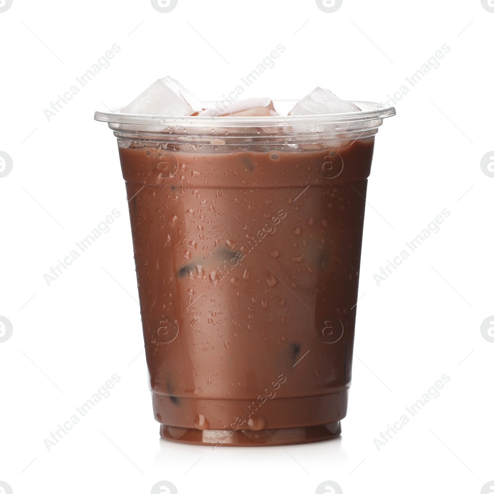 Tasty chocolate milk in plastic cup isolated on white Photo of Tasty chocolate milk in plastic cup isolated on white
