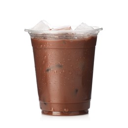 Photo of Tasty chocolate milk in plastic cup isolated on white