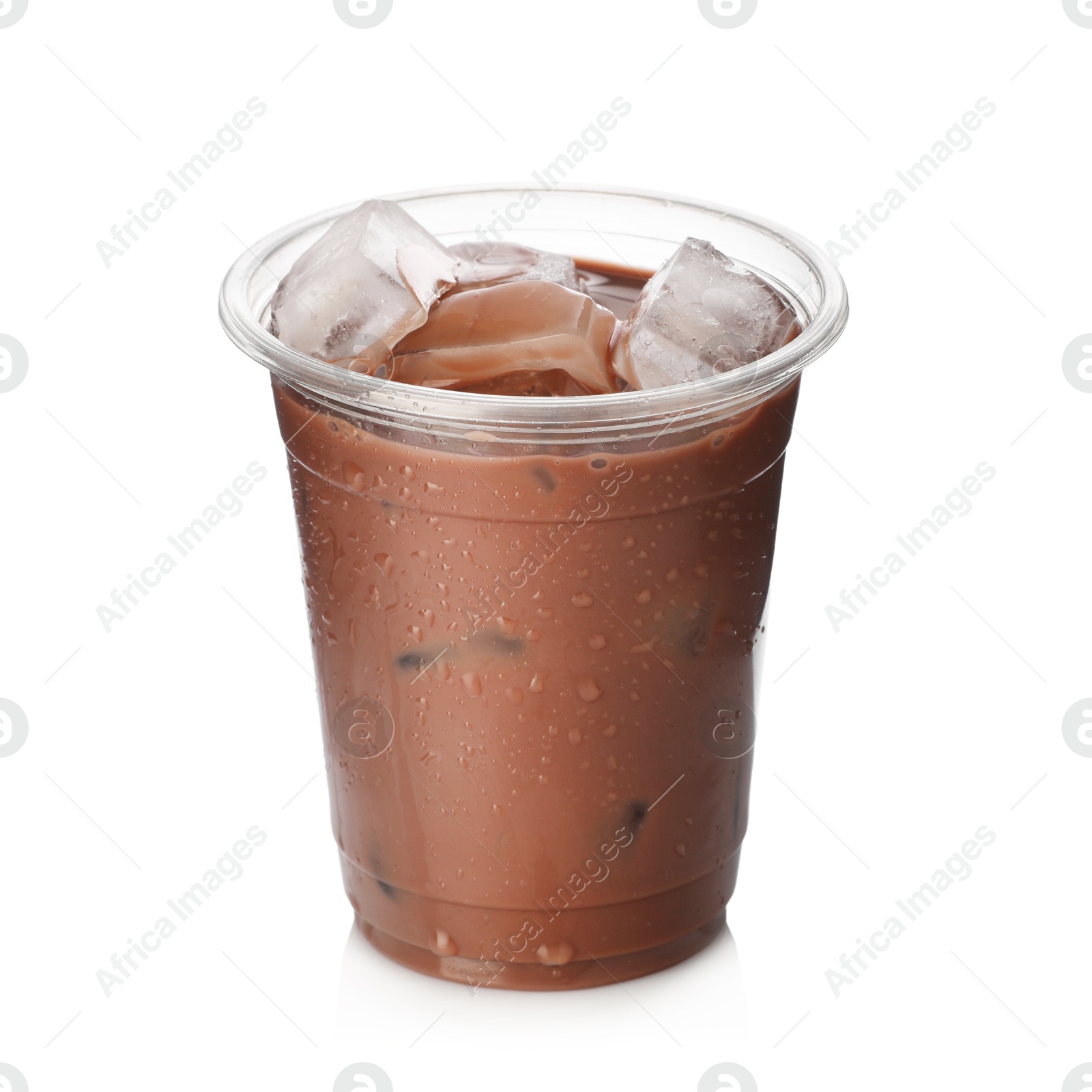 Tasty chocolate milk in plastic cup isolated on white Photo of Tasty chocolate milk in plastic cup isolated on white