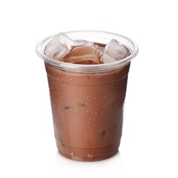Photo of Tasty chocolate milk in plastic cup isolated on white