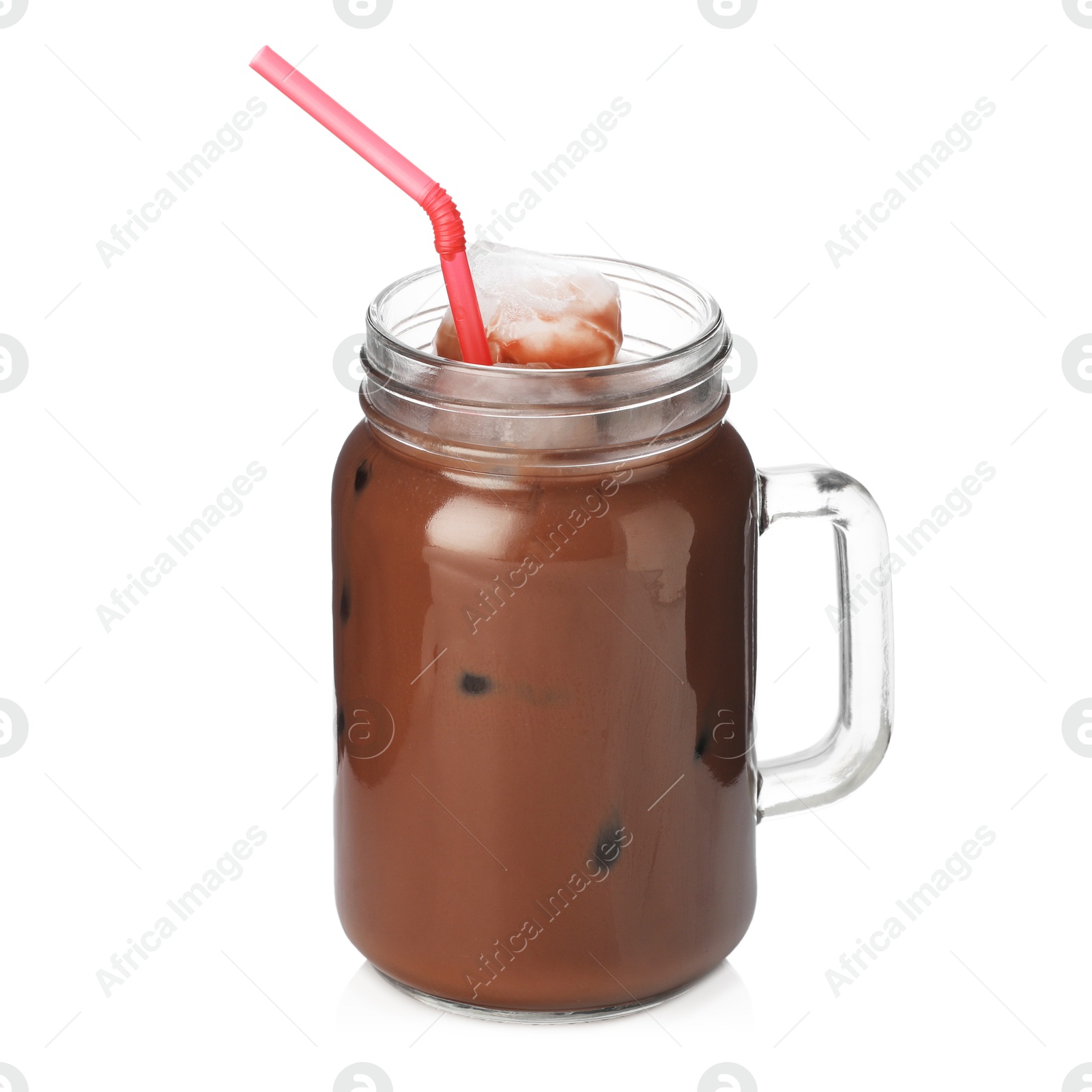 Tasty chocolate milk in mason jar isolated on white Photo of Tasty chocolate milk in mason jar isolated on white