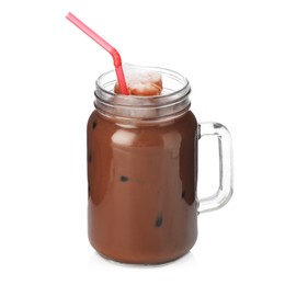Photo of Tasty chocolate milk in mason jar isolated on white