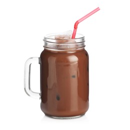 Photo of Tasty chocolate milk in mason jar isolated on white