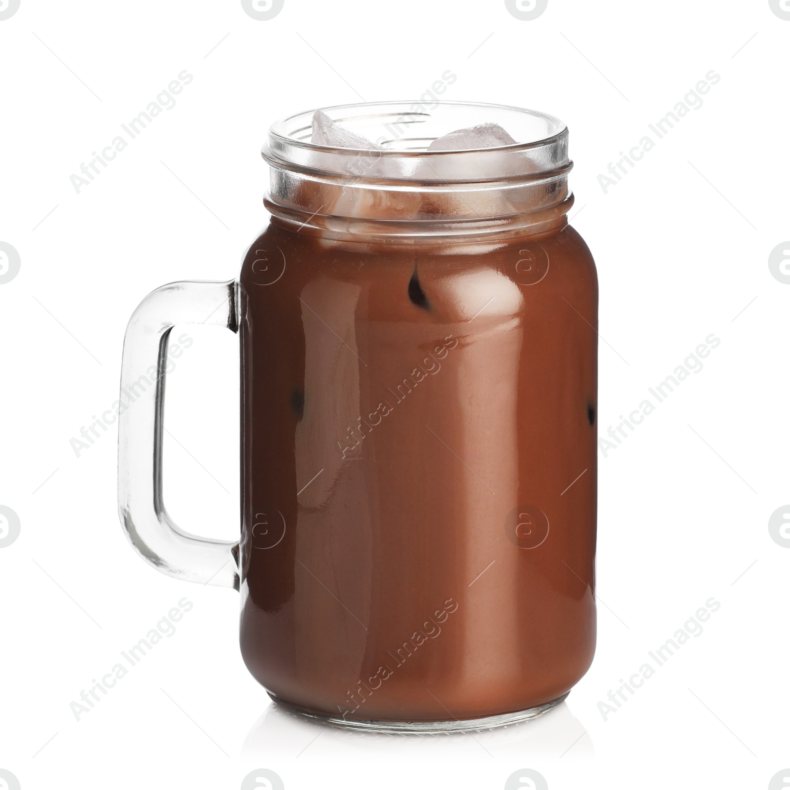 Tasty chocolate milk in mason jar isolated on white Photo of Tasty chocolate milk in mason jar isolated on white