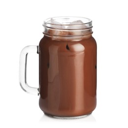Photo of Tasty chocolate milk in mason jar isolated on white