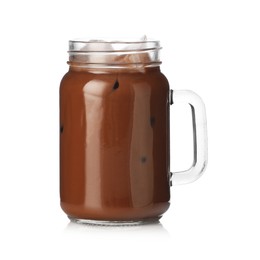 Photo of Tasty chocolate milk in mason jar isolated on white