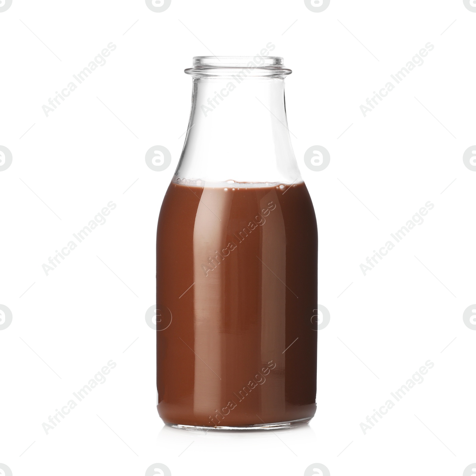Tasty chocolate milk in glass bottle isolated on white Photo of Tasty chocolate milk in glass bottle isolated on white