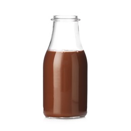 Photo of Tasty chocolate milk in glass bottle isolated on white