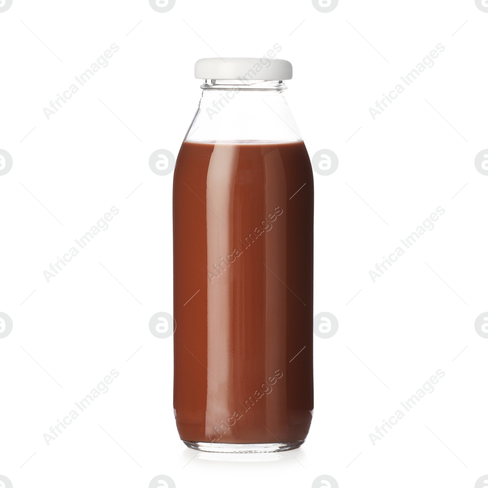 Tasty chocolate milk in glass bottle isolated on white Photo of Tasty chocolate milk in glass bottle isolated on white