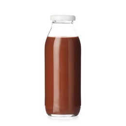 Photo of Tasty chocolate milk in glass bottle isolated on white