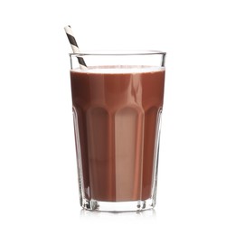 Photo of Tasty chocolate milk in glass isolated on white