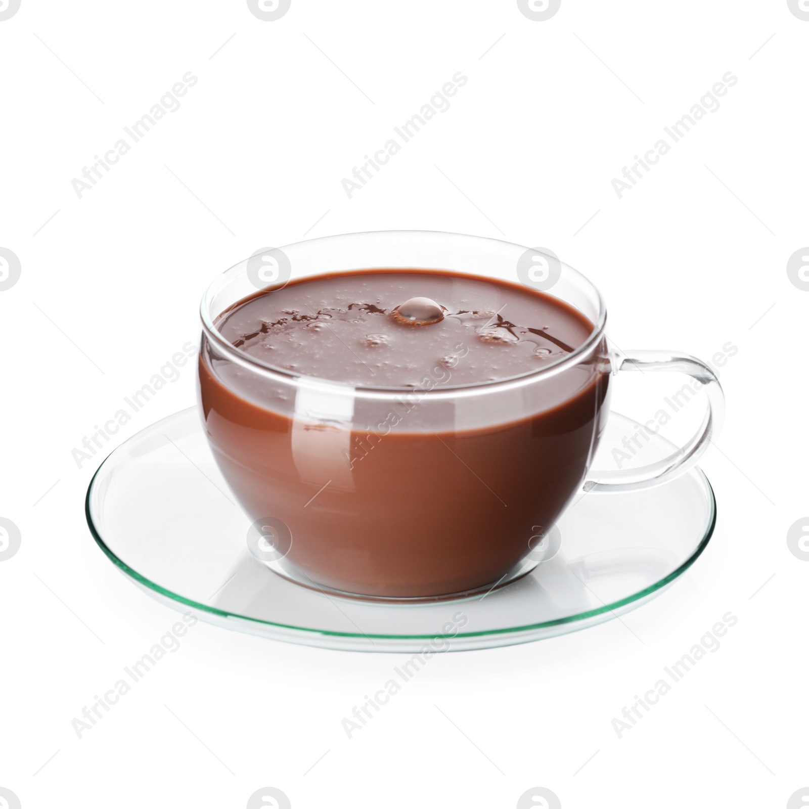 Tasty chocolate milk in glass cup isolated on white Photo of Tasty chocolate milk in glass cup isolated on white