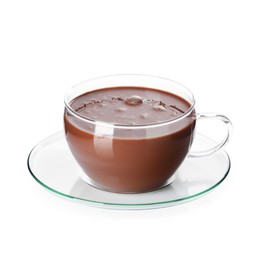 Photo of Tasty chocolate milk in glass cup isolated on white