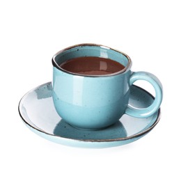 Photo of Tasty chocolate milk in cup isolated on white