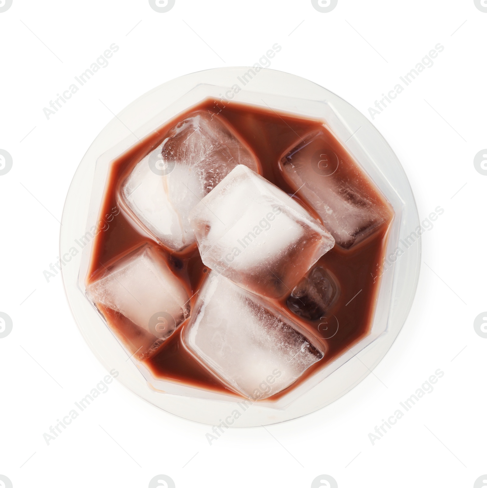 Tasty chocolate milk in plastic cup isolated on white, top view Photo of Tasty chocolate milk in plastic cup isolated on white, top view