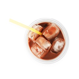 Photo of Tasty chocolate milk in plastic cup isolated on white, top view