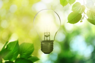 Image of Glowing light bulb and lush green leaves under bright sunlight. Eco-friendly energy