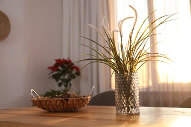 Photo of Vase on wooden table near window with curtains in room