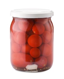 Photo of Tasty pickled tomatoes in jar isolated on white