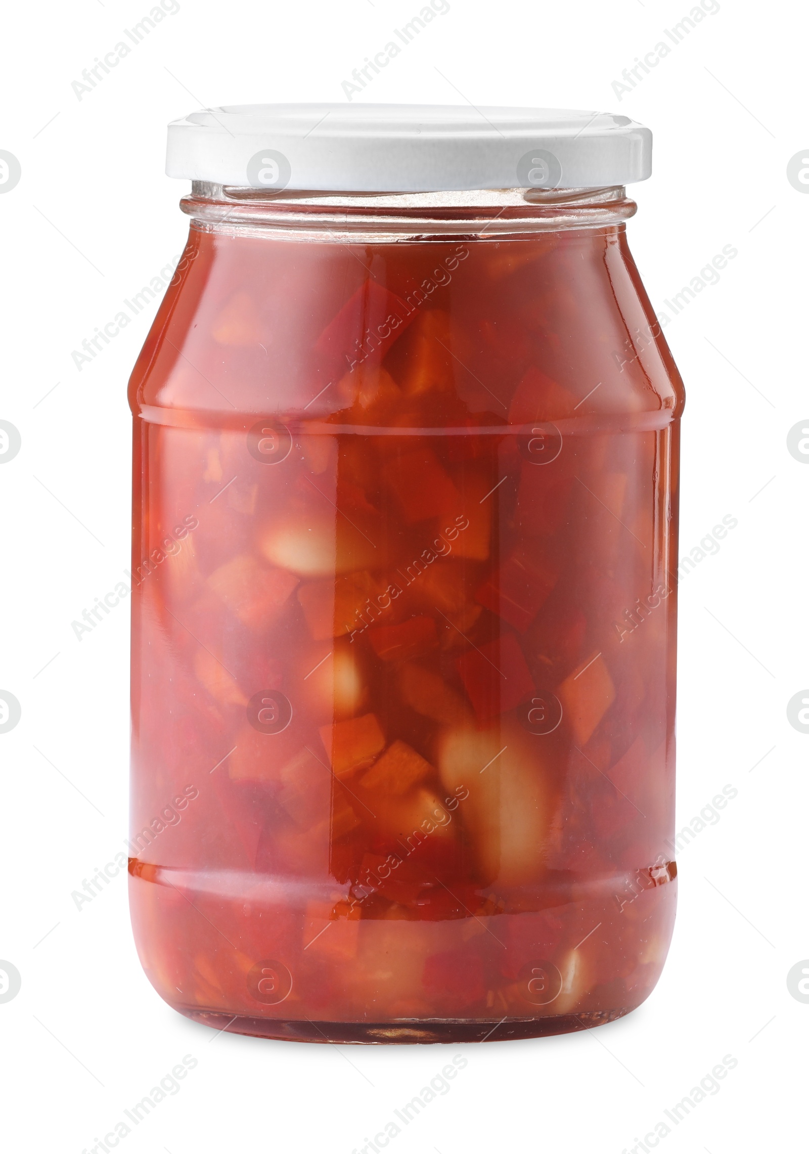 Chopped pickled vegetables in jar isolated on white Photo of Chopped pickled vegetables in jar isolated on white