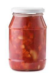Photo of Chopped pickled vegetables in jar isolated on white
