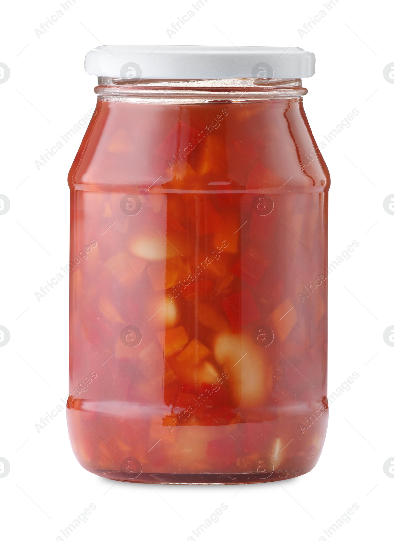 Chopped pickled vegetables in jar isolated on white Photo of Chopped pickled vegetables in jar isolated on white