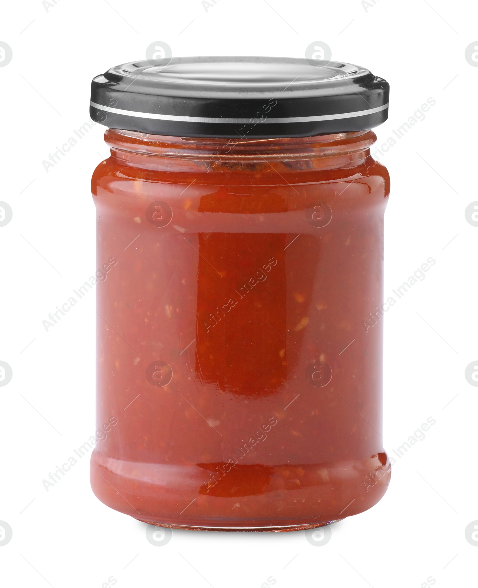 Tasty lecho in jar isolated on white Photo of Tasty lecho in jar isolated on white