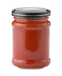 Photo of Tasty lecho in jar isolated on white