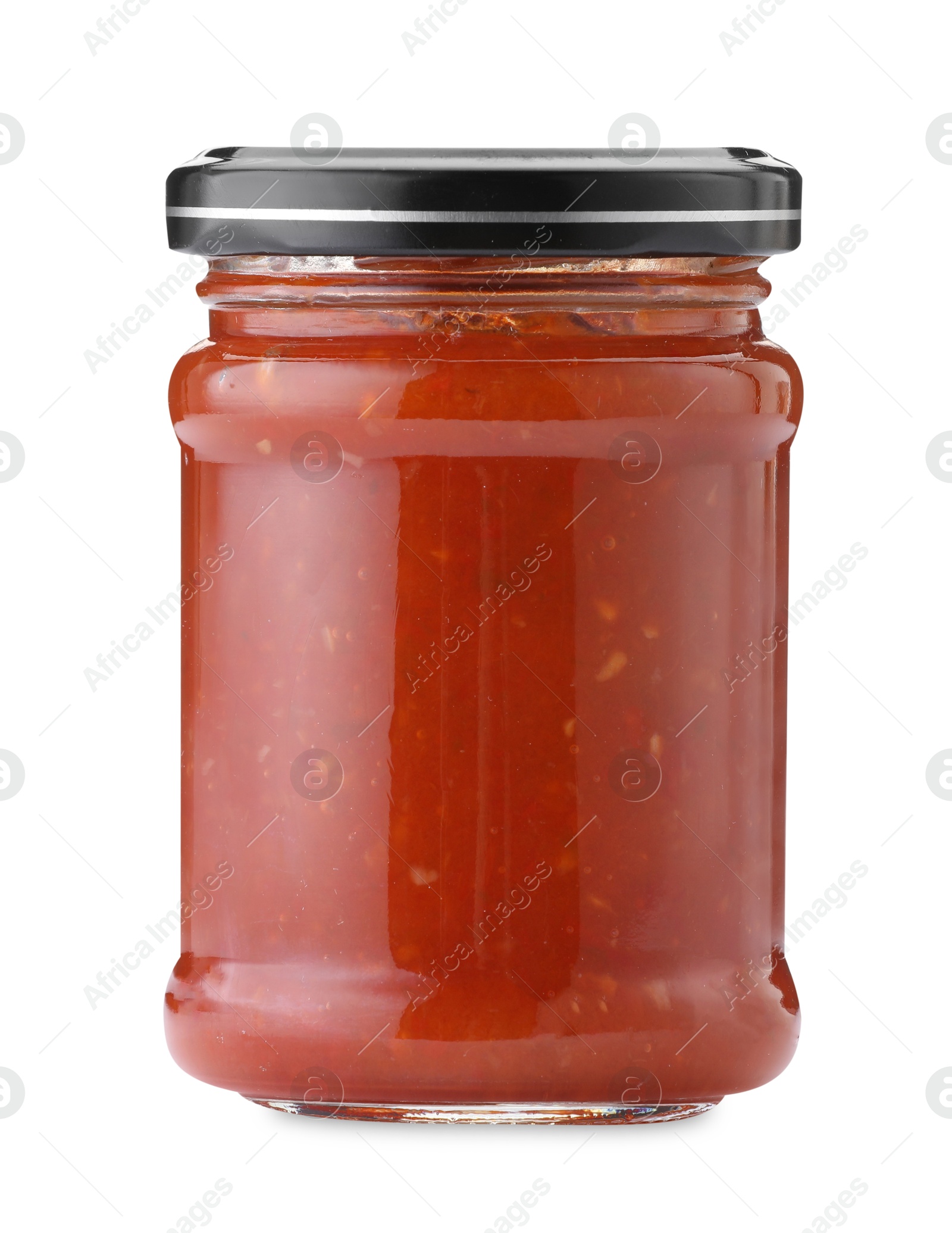 Tasty lecho in jar isolated on white Photo of Tasty lecho in jar isolated on white