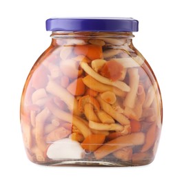 Photo of Tasty pickled mushrooms in jar isolated on white