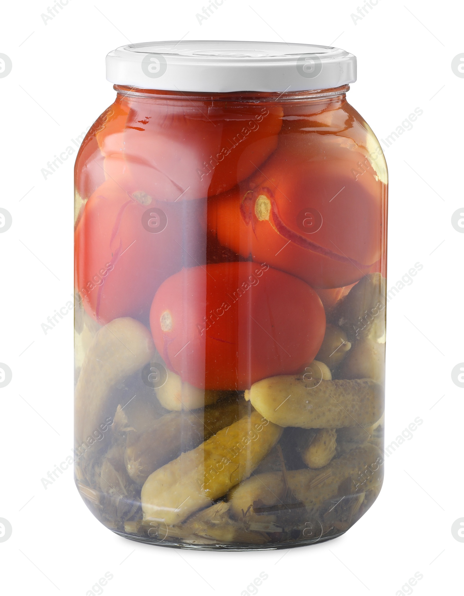 Tasty pickled vegetables in jar isolated on white Photo of Tasty pickled vegetables in jar isolated on white