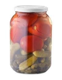 Photo of Tasty pickled vegetables in jar isolated on white