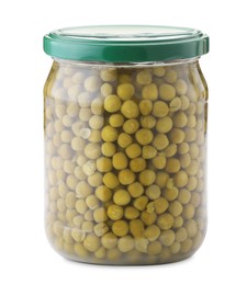 Photo of Tasty pickled peas in jar isolated on white