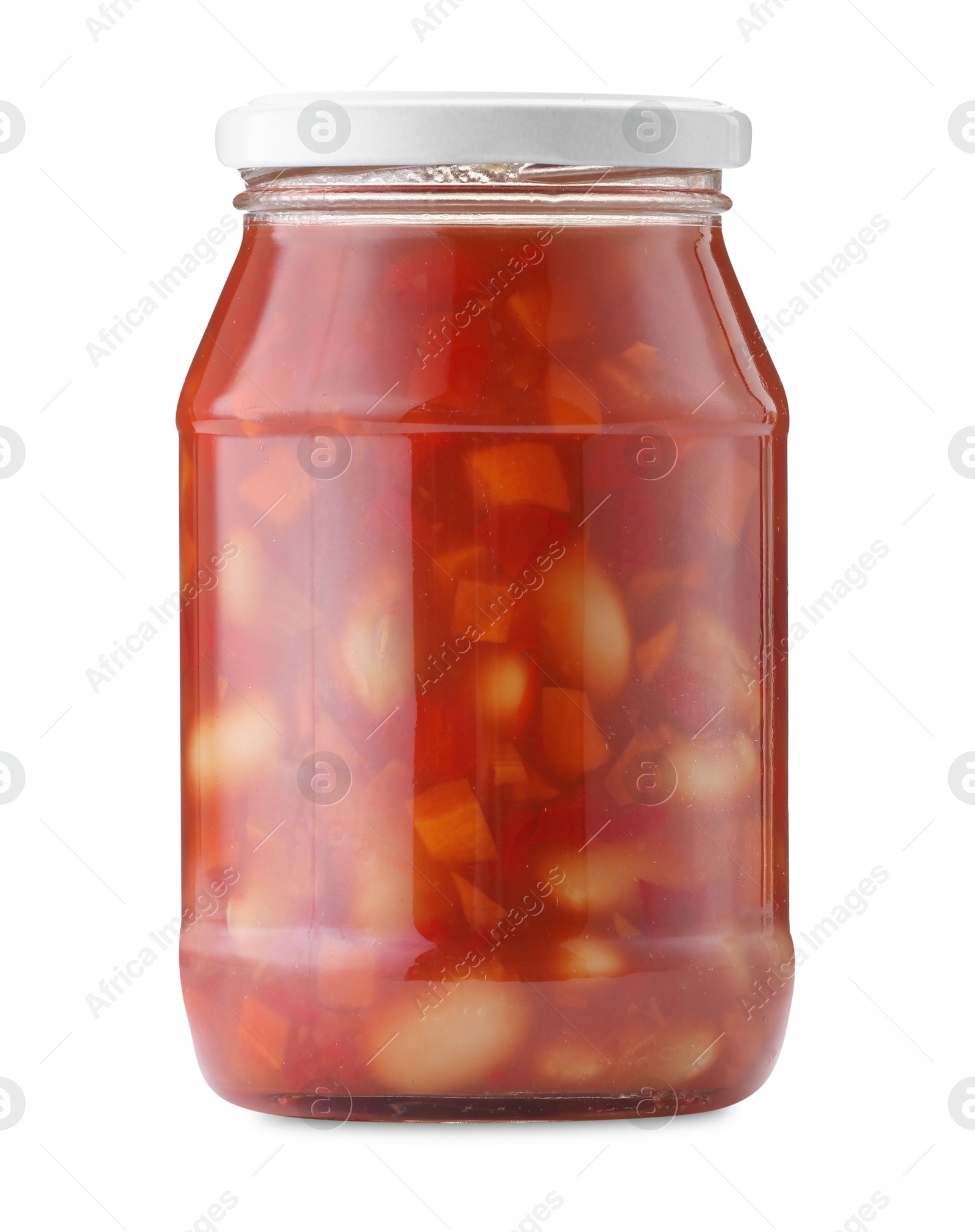 Chopped pickled vegetables in jar isolated on white Photo of Chopped pickled vegetables in jar isolated on white