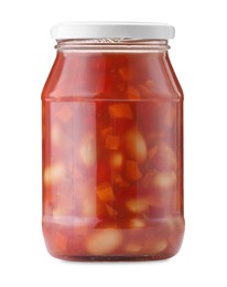 Photo of Chopped pickled vegetables in jar isolated on white