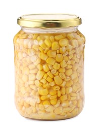 Photo of Tasty pickled corn kernels in jar isolated on white