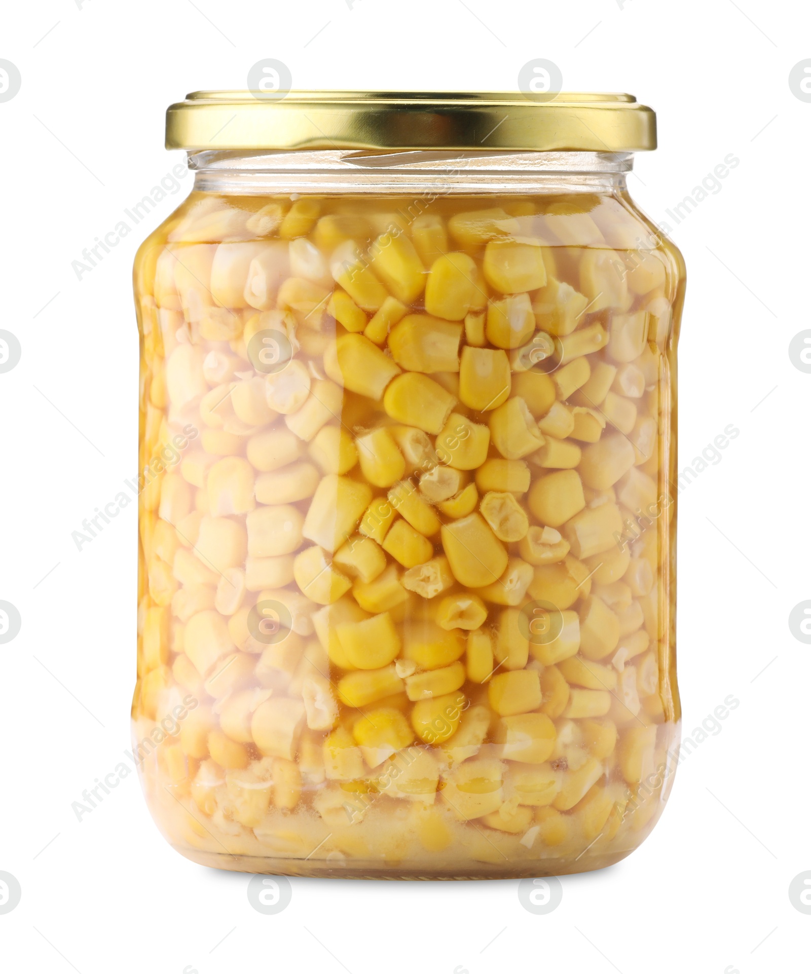 Tasty pickled corn kernels in jar isolated on white Photo of Tasty pickled corn kernels in jar isolated on white