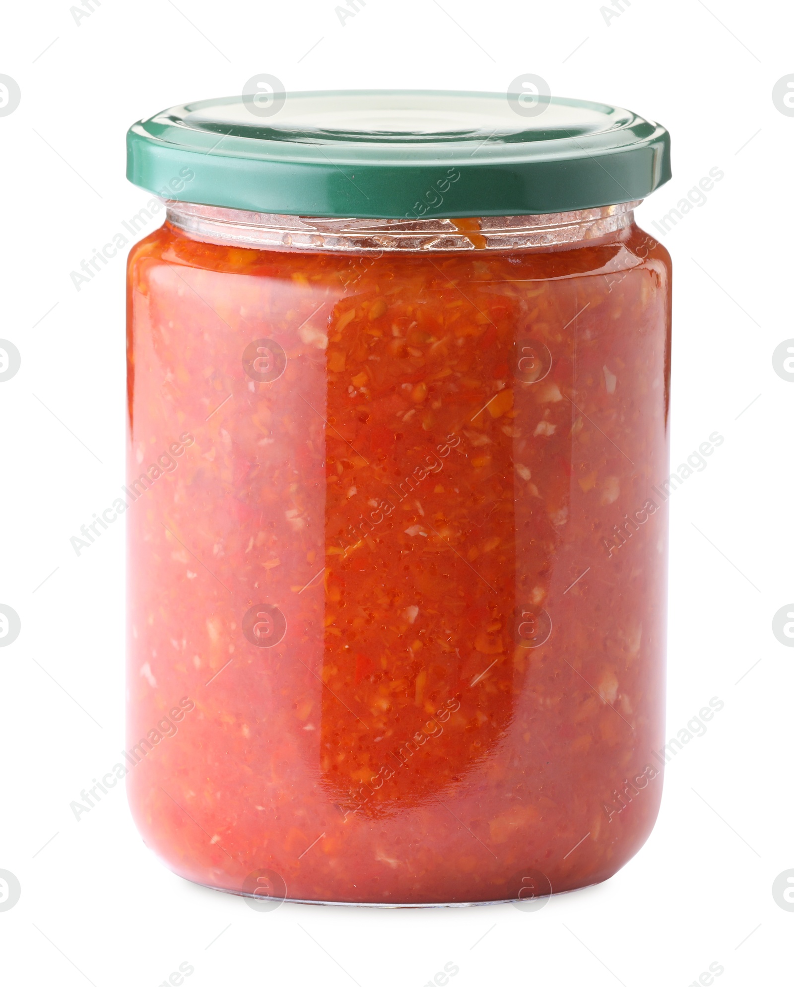Tasty lecho in jar isolated on white Photo of Tasty lecho in jar isolated on white