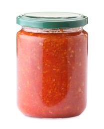 Photo of Tasty lecho in jar isolated on white