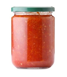 Photo of Tasty lecho in jar isolated on white
