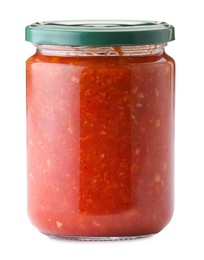 Photo of Tasty lecho in jar isolated on white