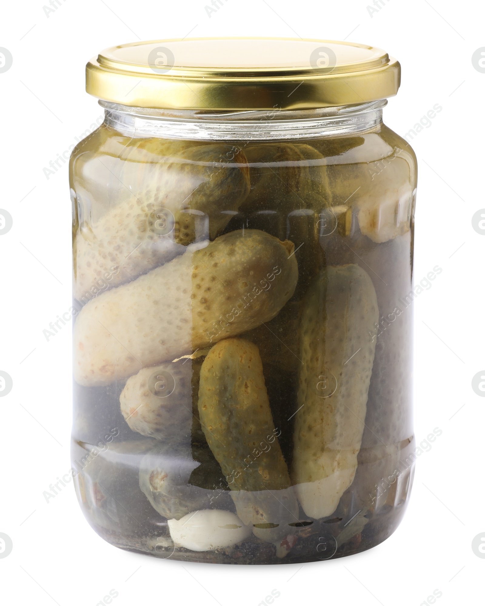 Tasty pickles in jar isolated on white Photo of Tasty pickles in jar isolated on white