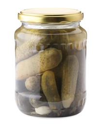 Photo of Tasty pickles in jar isolated on white