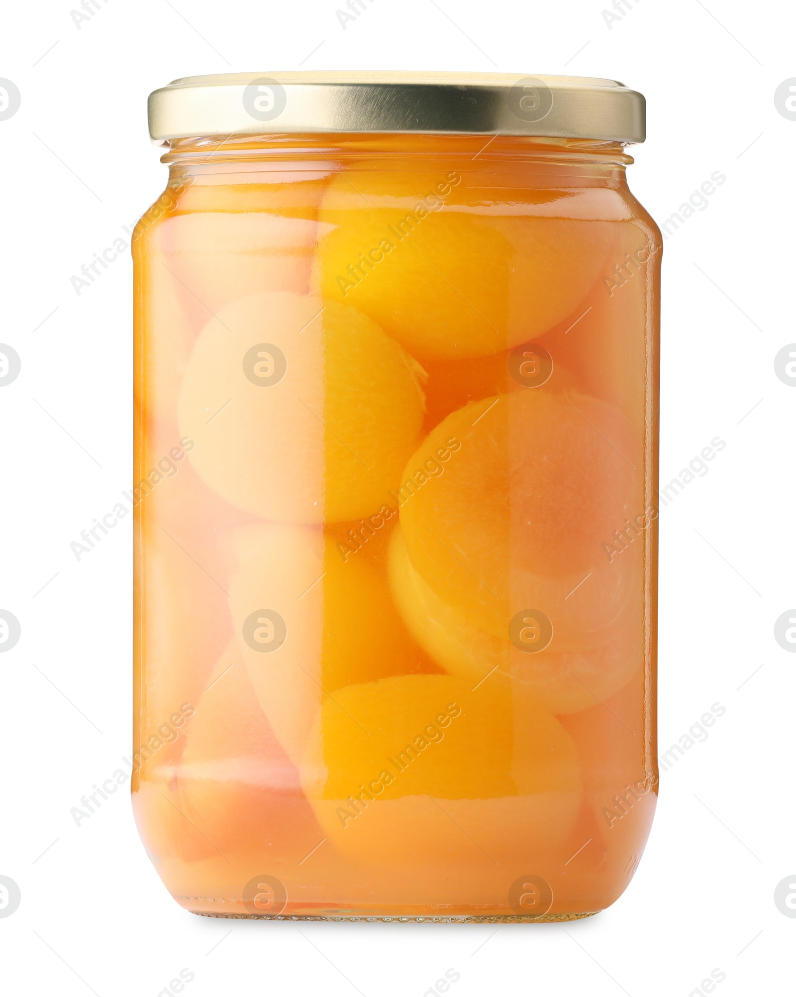 Tasty canned apricots in jar isolated on white Photo of Tasty canned apricots in jar isolated on white