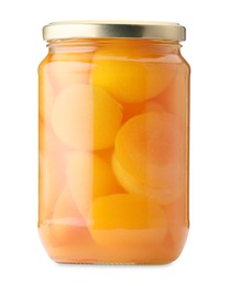 Photo of Tasty canned apricots in jar isolated on white