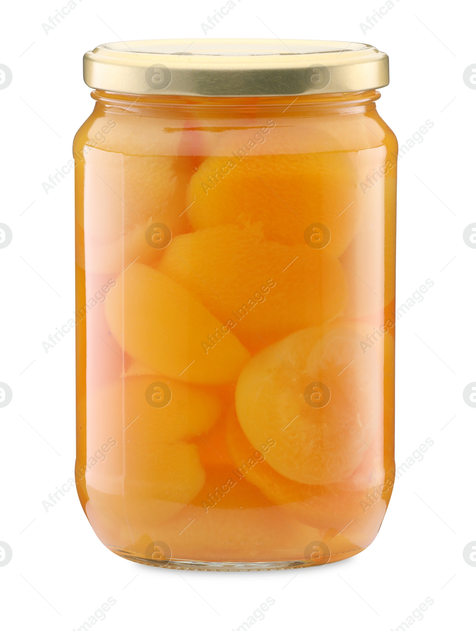 Tasty canned apricots in jar isolated on white Photo of Tasty canned apricots in jar isolated on white